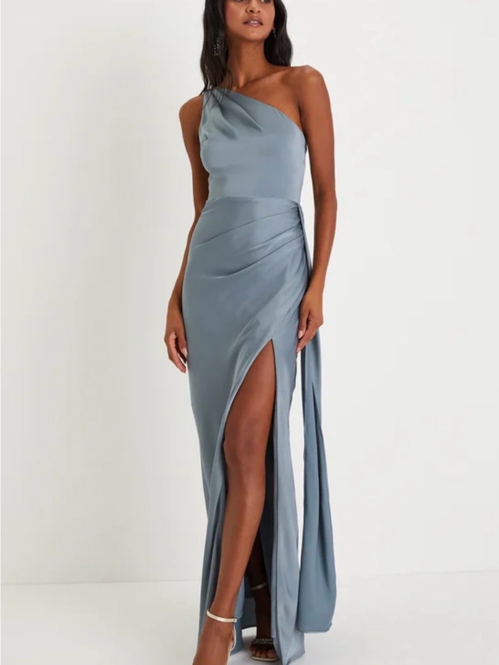 Lulu's One-Shoulder Slate Blue Satin Maxi Gown